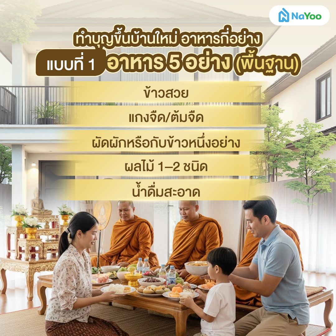 ทำบุญขึ้นบ้านใหม่ อาหารกี่อย่าง แบบที่1 อาหาร 5 อย่าง  (พื้นฐาน) 