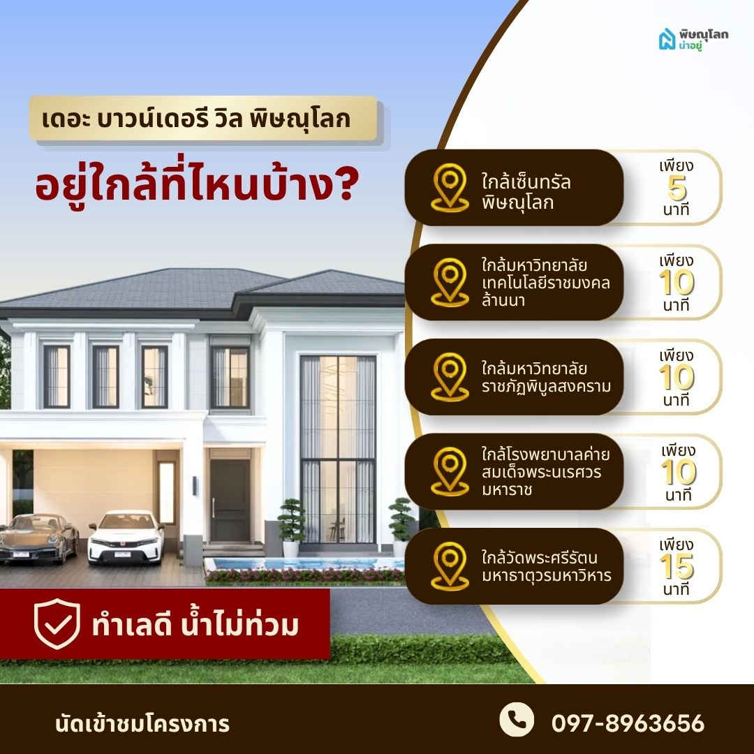 บ้านใกล้เซ็นทรัลพิษณุโลก น้ำไม่ท่วม โครงการ เดอะ บาวน์เดอรี วิล พิษณุโลก อยู่ใกล้ที่ไหนบ้าง?